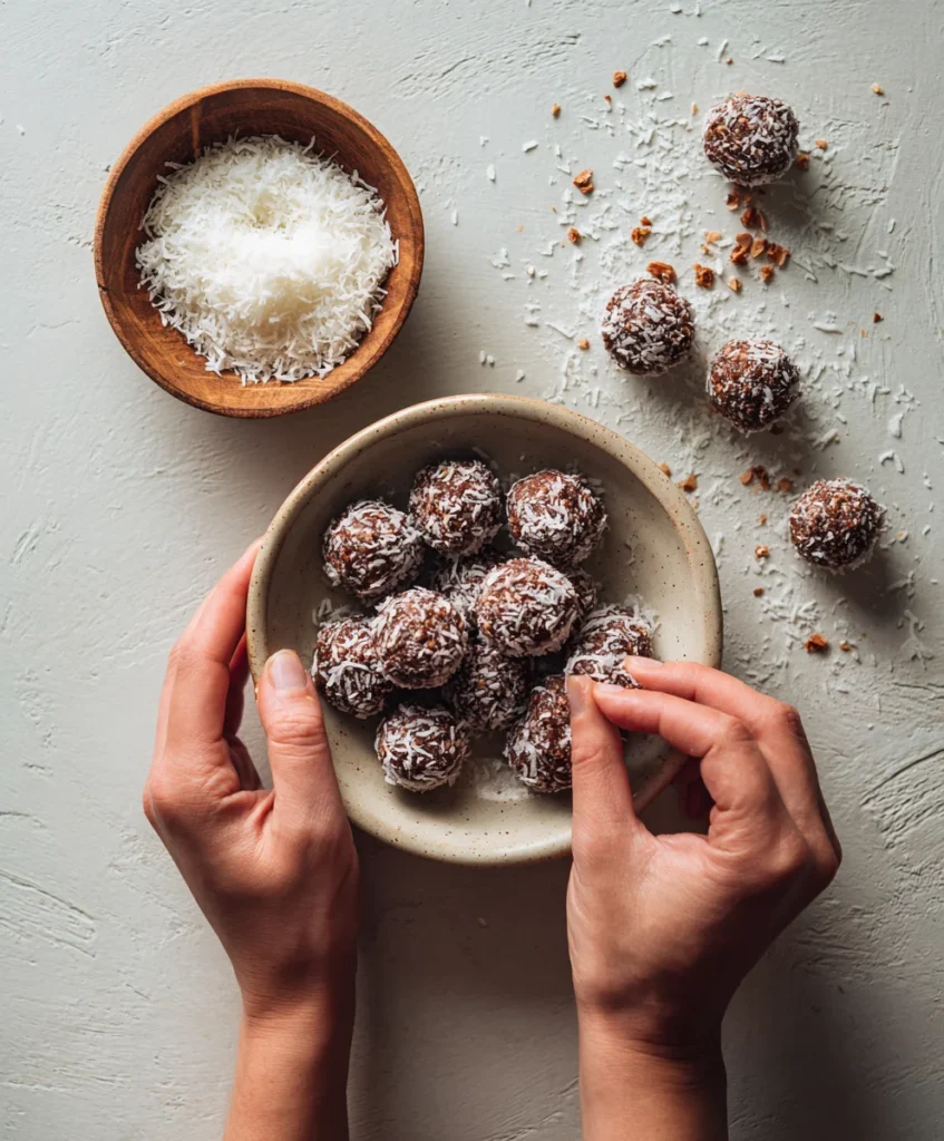 Hands rolling easy moose farts treats into chocolate coconut balls