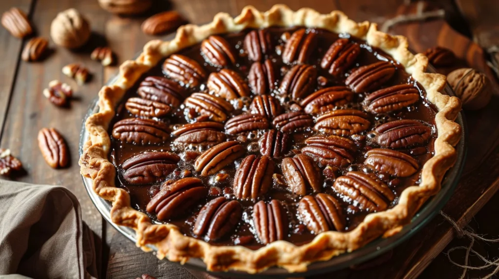 Texas-Style Chocolate Pecan Pie on rustic wooden table