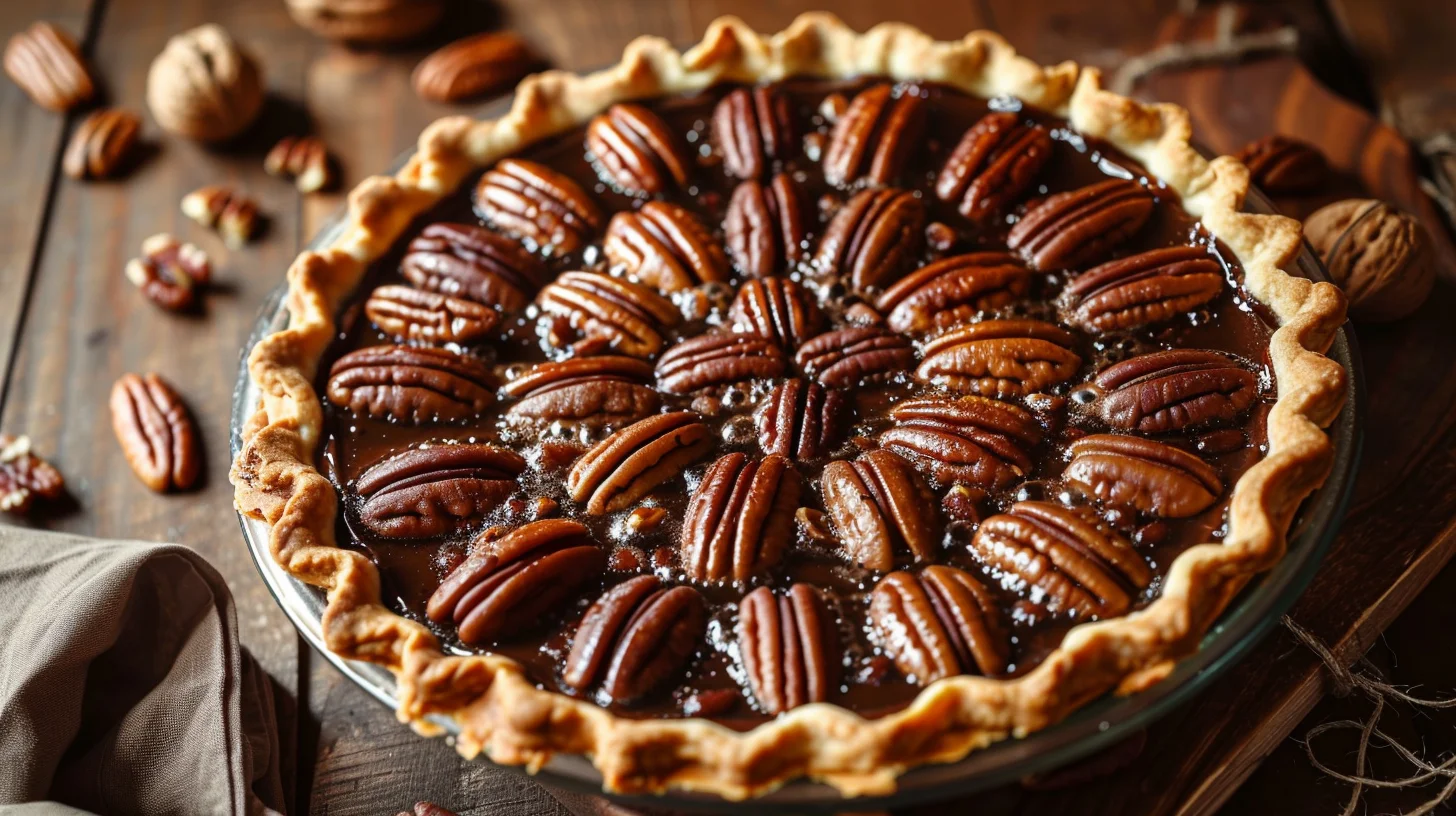 Texas-Style Chocolate Pecan Pie on rustic wooden table