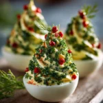 Close-up of Christmas tree deviled eggs with herb decoration