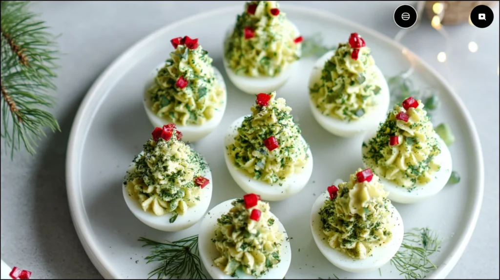 Christmas tree deviled eggs arranged on a white holiday platter