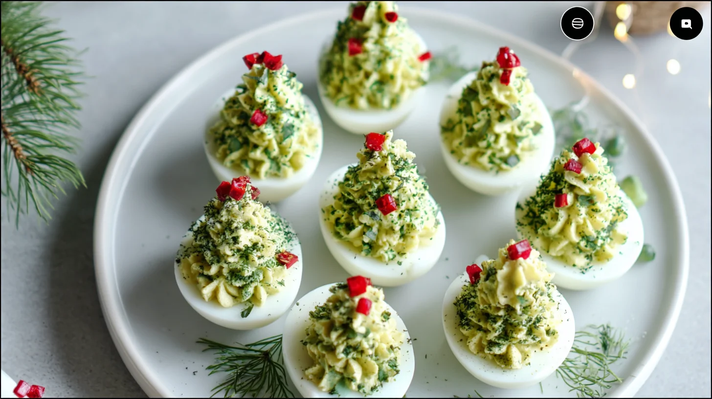 Christmas tree deviled eggs arranged on a white holiday platter