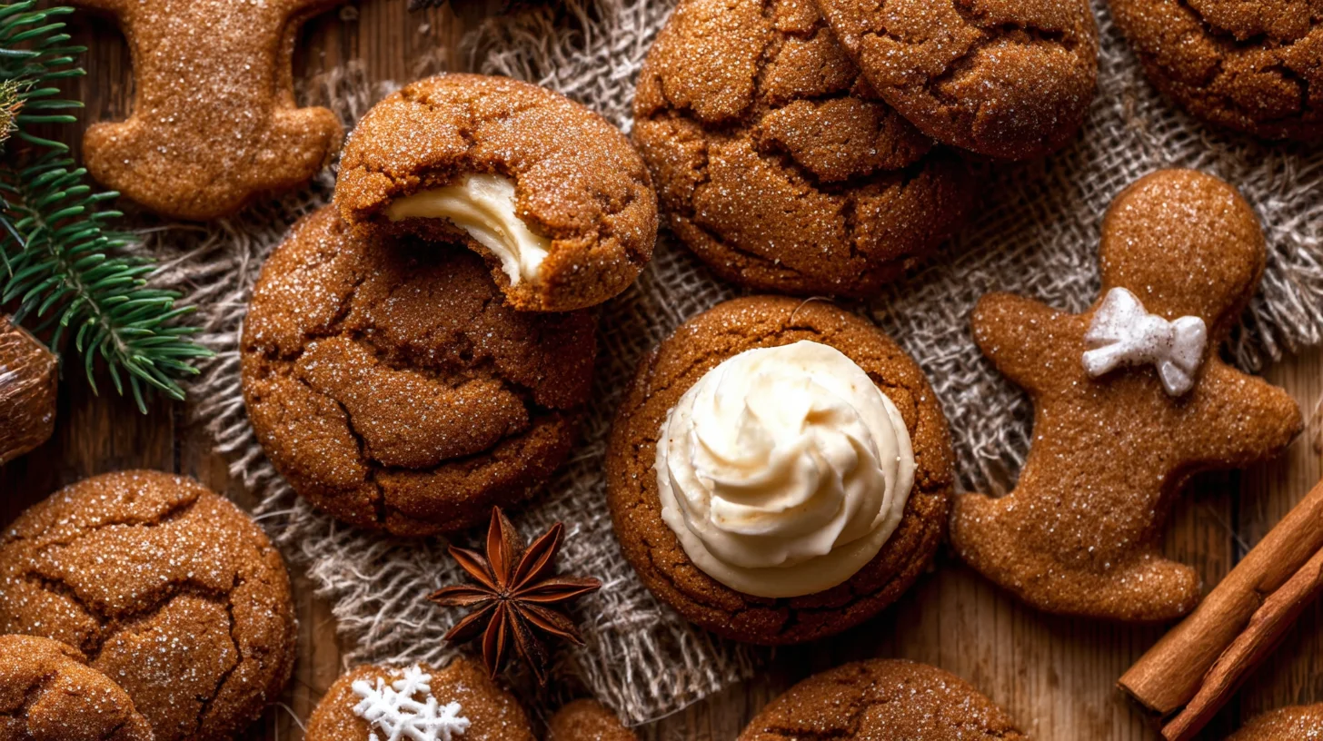 Featured image of Gingerbread Cookies with Cheesecake Filling on a rustic table