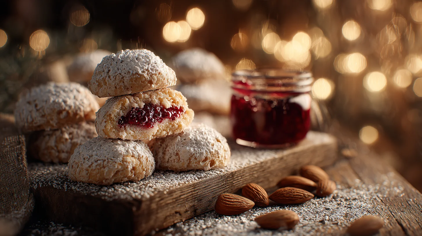 Cozy winter kitchen scene, raspberry filled almond snowball cookies stacked on a rustic wooden board, soft powdered sugar dust all around, warm golden light, shallow depth of field, blurred Christmas lights in background, vintage linen cloth, almonds and raspberry jam jar nearby, ultra-realistic food photography, 85mm lens, f/1.8, high detail, mood: warm, festive, inviting