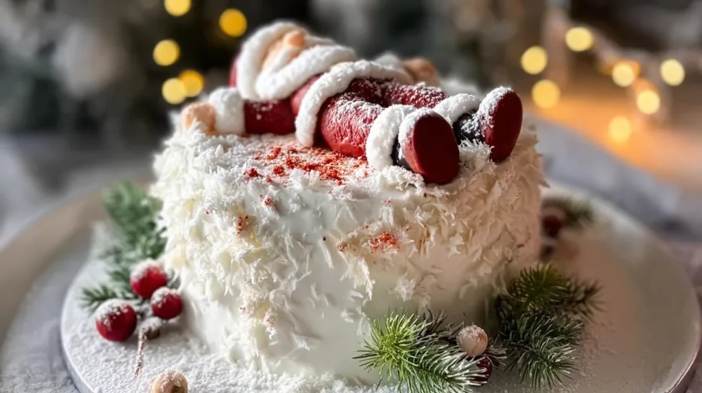 Santa Snow Angel Christmas Cake with snowy frosting and festive red accents