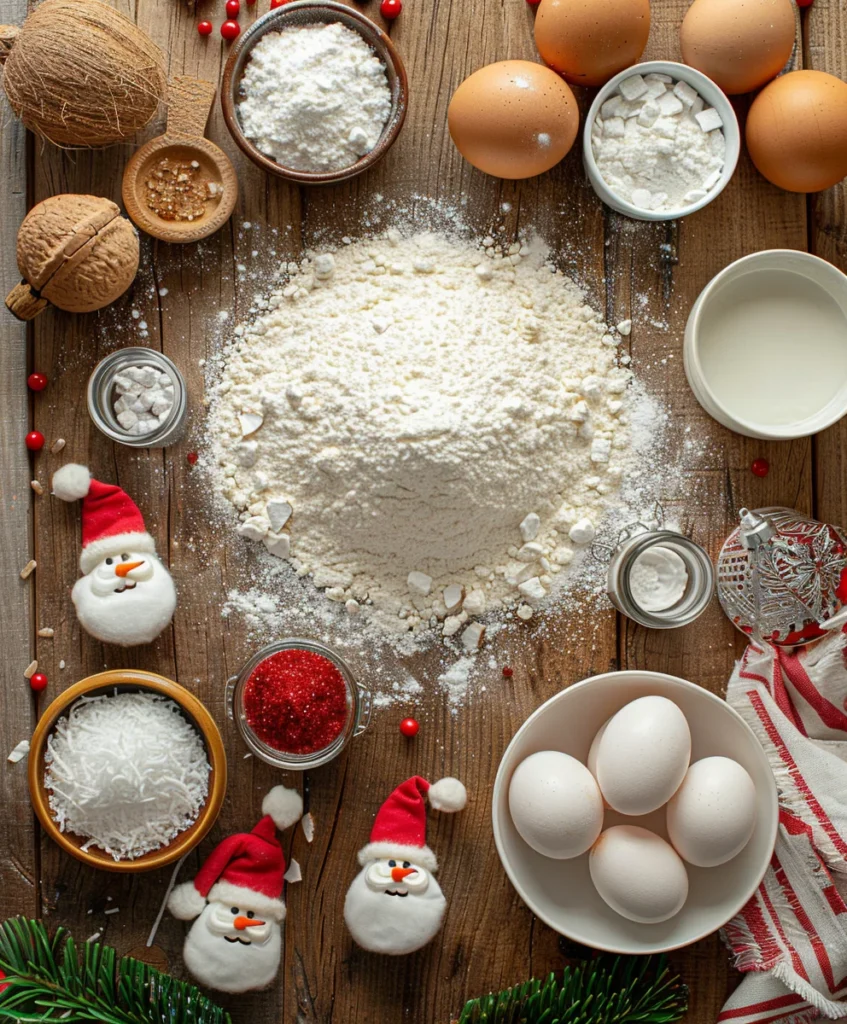 Ingredients for Santa Snow Angel Christmas Cake arranged on a holiday table