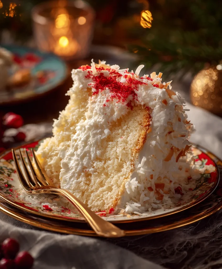 Slice of Santa Snow Angel Christmas Cake showing fluffy interior