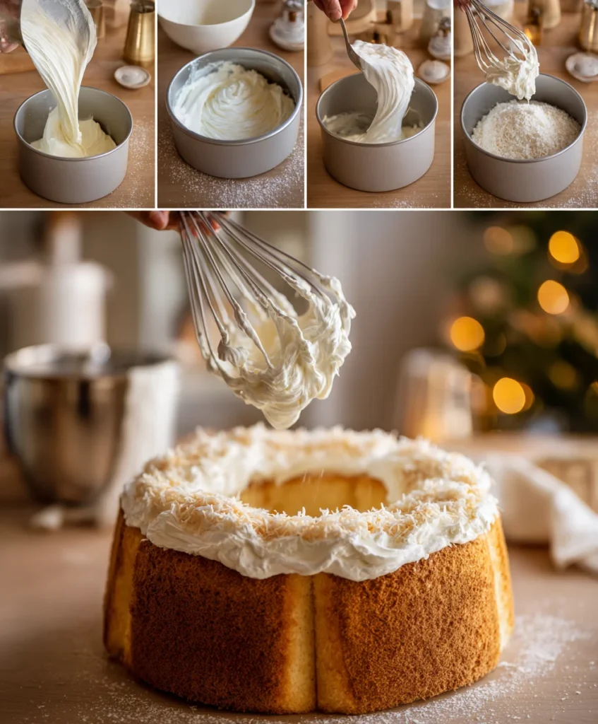 Step-by-step process of making Santa Snow Angel Christmas Cake