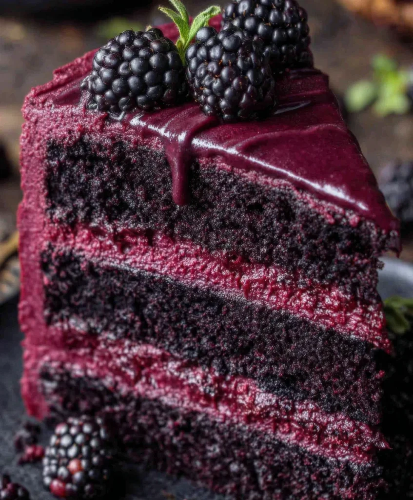 Close-up slice of Blackberry Velvet Gothic Cake with blackberry layers and glossy berries.