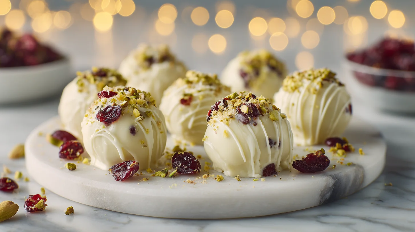 White Chocolate Cranberry Pistachio Truffles on marble plate