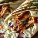 Two grilled flour tortillas filled with creamy coleslaw and shredded BBQ chicken, garnished with chopped parsley.