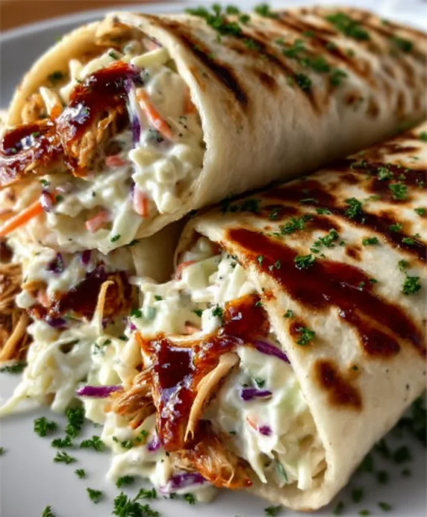 Close-up of BBQ chicken wraps showing tender chicken, creamy coleslaw, and toasted tortilla edges with parsley on top.