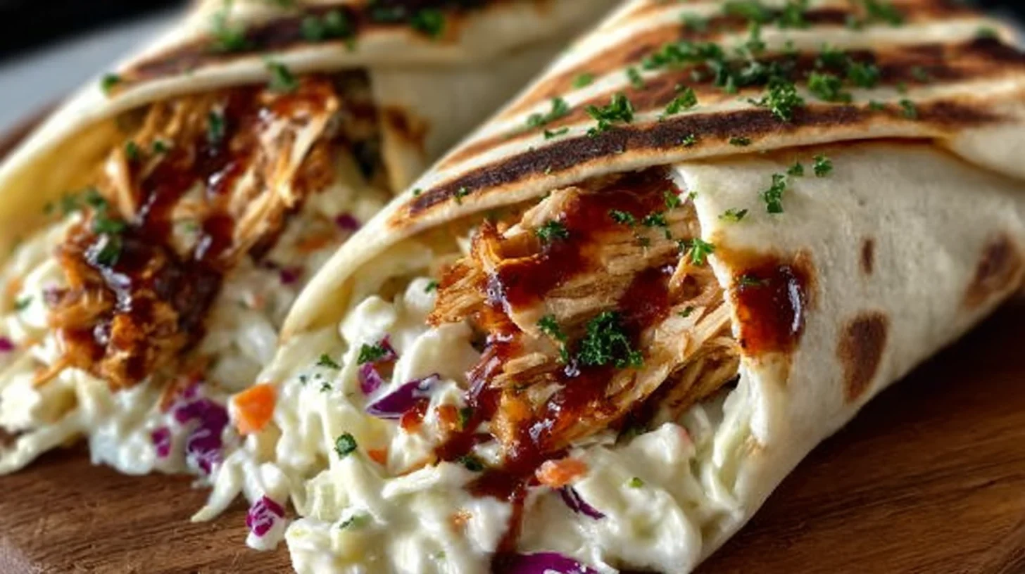 Two grilled flour tortillas filled with creamy coleslaw and shredded BBQ chicken, garnished with chopped parsley.
