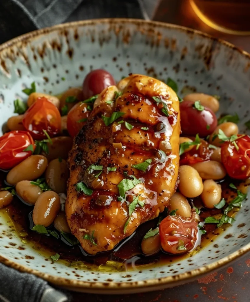 Balsamic Chicken Valentine served with tender chicken glazed in rich balsamic sauce, white beans, cherry tomatoes, and fresh herbs on a rustic plate