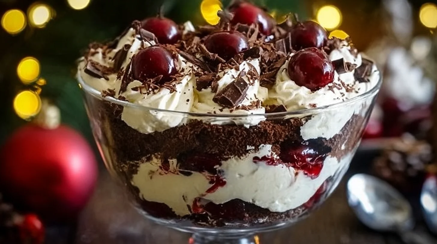 Black Forest Christmas Trifle Dessert in holiday glass bowl