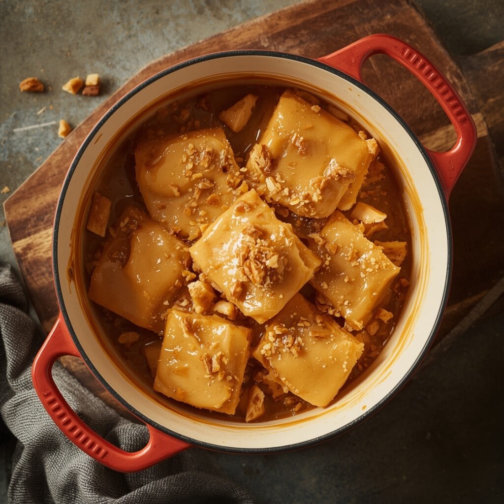 Golden caramel fudge cubes served in a red casserole dish, topped with crushed nuts, creating a rich and glossy homemade dessert.