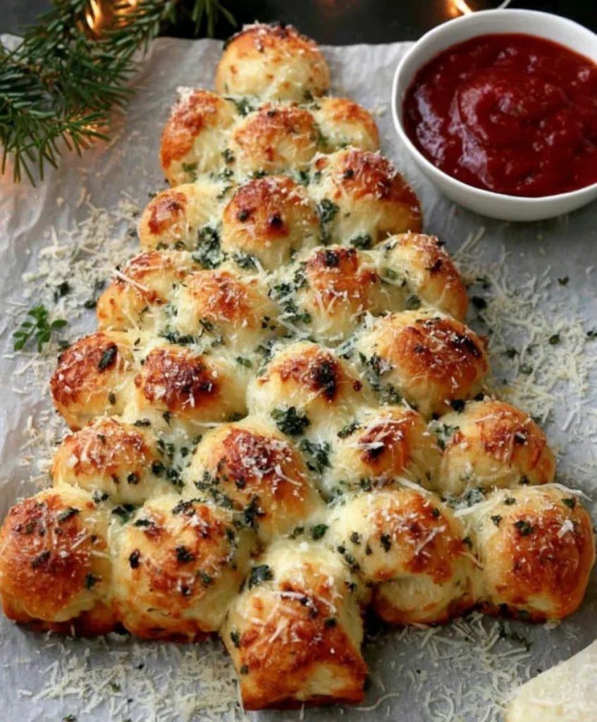 Golden-brown cheesy bread rolls arranged in a Christmas tree shape on parchment paper, with grated cheese and herbs scattered around.
