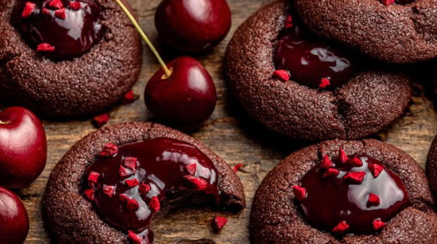 Cherry Chocolate Cookies Treats on a rustic wooden board