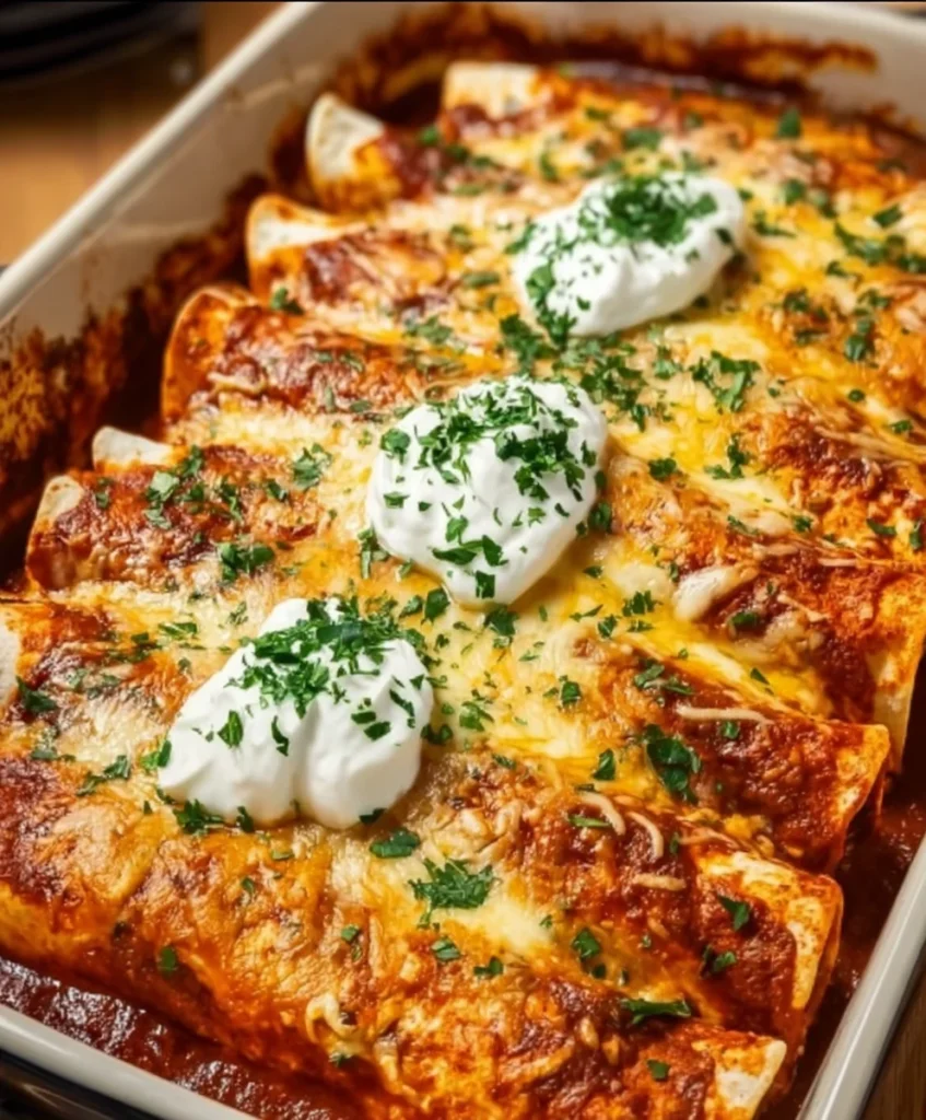 A baking dish filled with rolled enchiladas topped with melted cheese, fresh parsley, and dollops of sour cream.