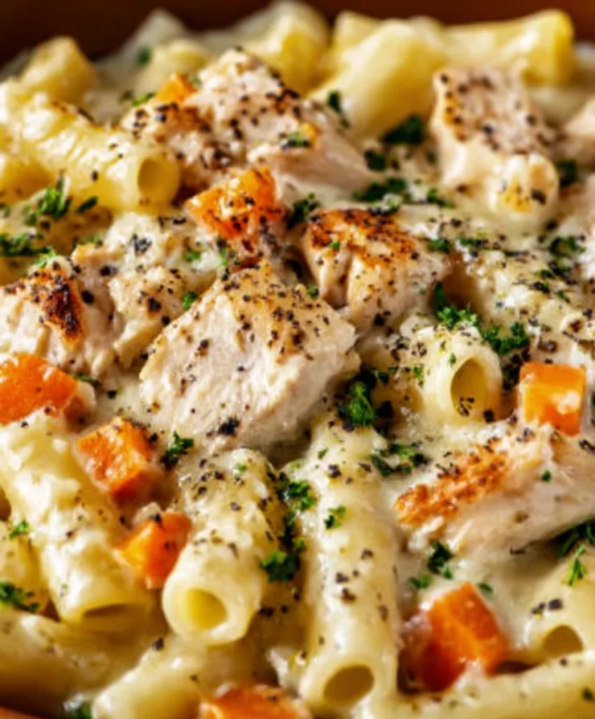 Creamy chicken pot pie pasta close-up