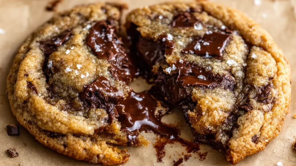 A close-up of a large chocolate chip cookie broken in half, showing melted chocolate chunks and a soft, gooey center on parchment paper.