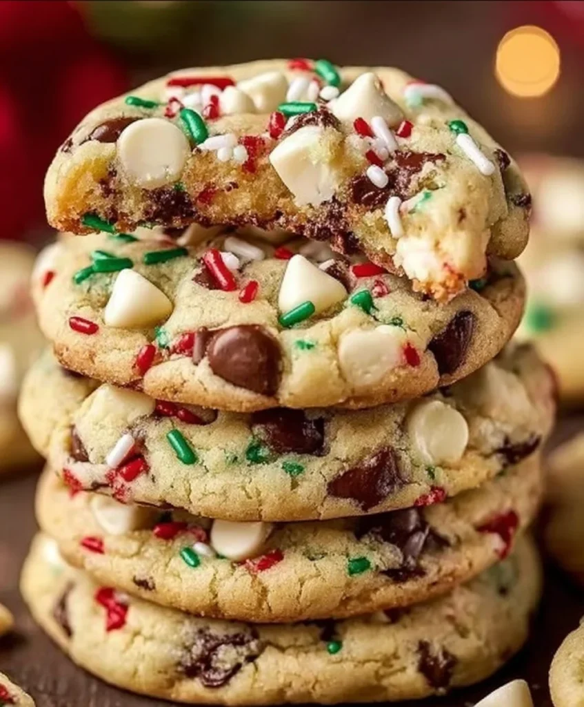 A stack of colorful holiday cookies filled with chocolate chips, white chocolate chunks, and festive red and green sprinkles.