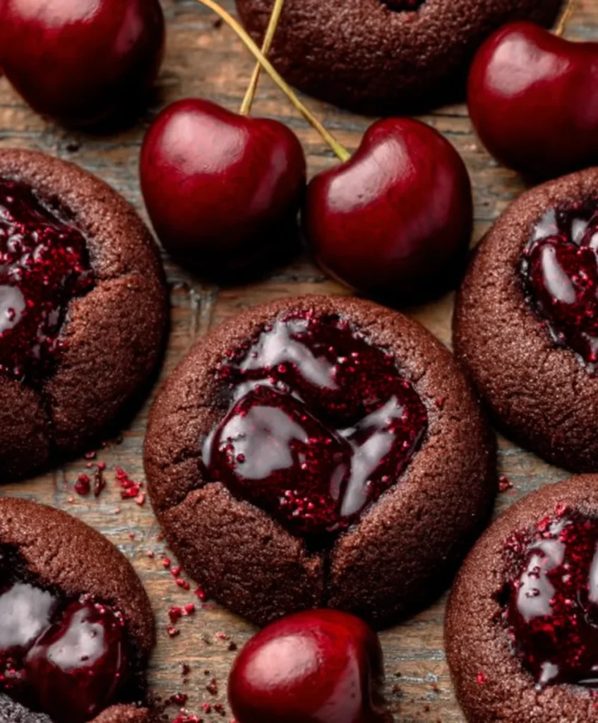 Close-up of a chocolate cookie filled with glossy cherry preserves and topped with crushed dried cherries, surrounded by fresh cherries.