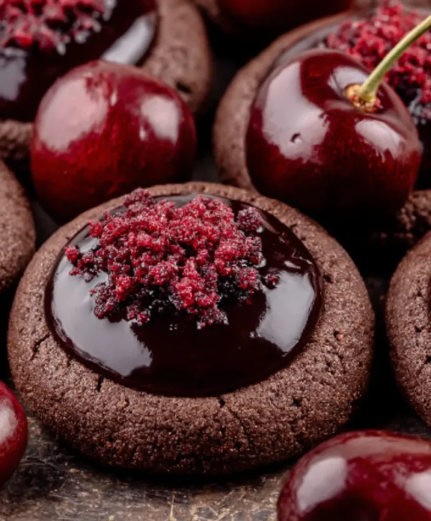 Chocolate thumbprint cookies filled with glossy cherry preserves and surrounded by fresh cherries on a wooden surface.