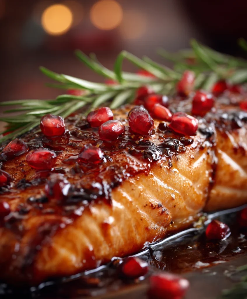 lose-up of Christmas Salmon Dish with glossy pomegranate glaze
