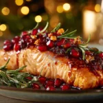 Festive Christmas Salmon Dish with pomegranate glaze on a holiday table