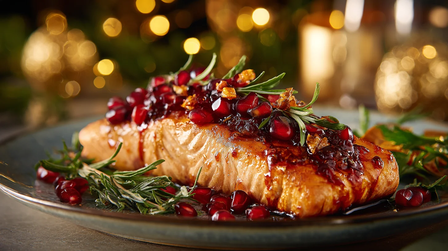 Festive Christmas Salmon Dish with pomegranate glaze on a holiday table