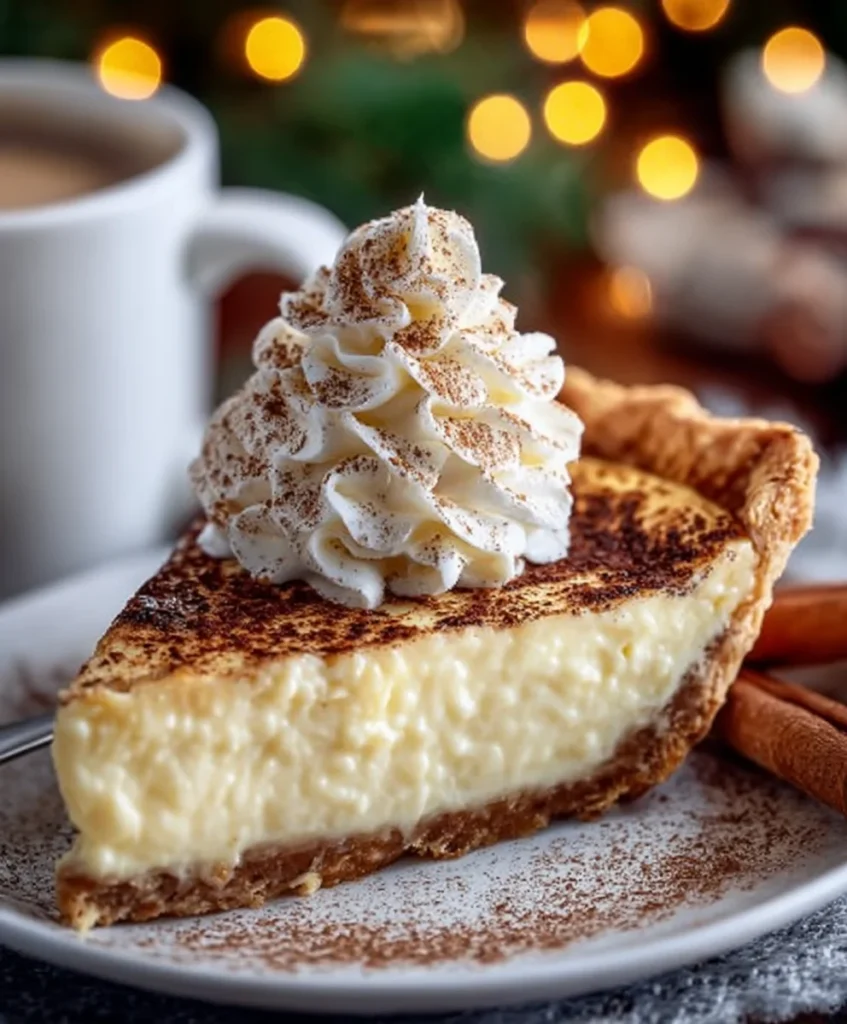 A slice of creamy custard pie topped with whipped cream and cinnamon on a white plate next to a cup of coffee.