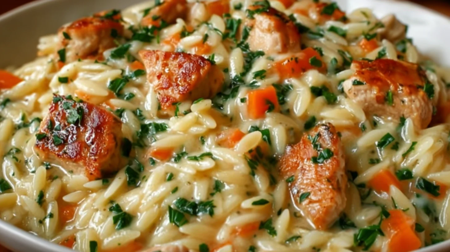 Creamy Chicken Orzo Pot Pie in a golden crust