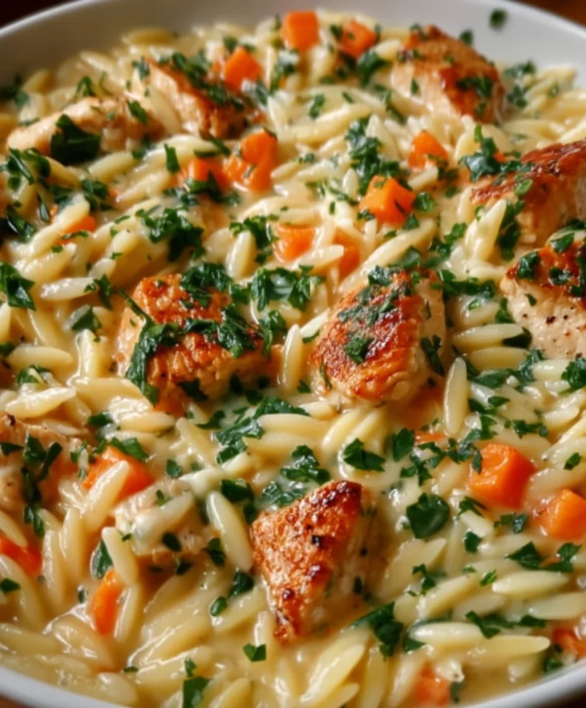 Spoonful of creamy chicken orzo pot pie
