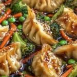 Potsticker Fry Stir Dish in a skillet with vegetables