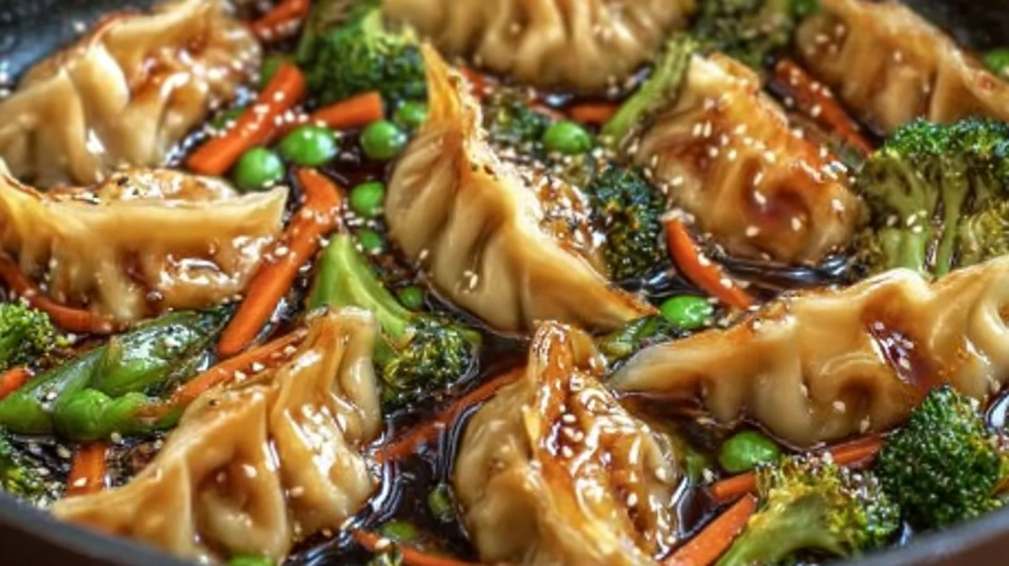 Potsticker Fry Stir Dish in a skillet with vegetables