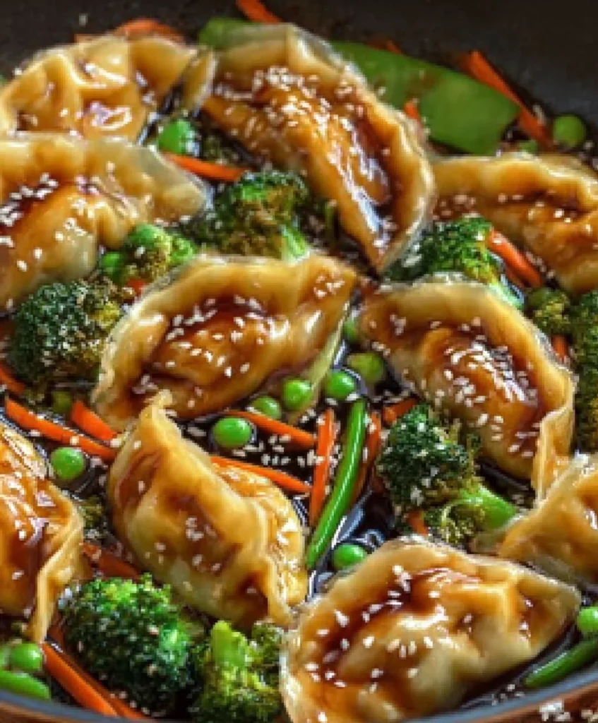 easy potsticker stir fry served in a bowl