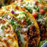 A tray of crispy oven-baked tacos filled with seasoned beef, melted cheese, and fresh toppings like lettuce, tomatoes, onions, and cilantro.