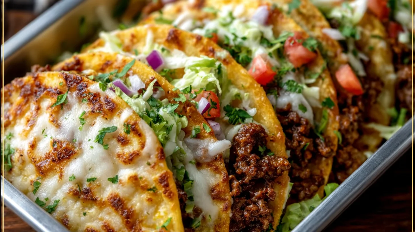 A tray of crispy oven-baked tacos filled with seasoned beef, melted cheese, and fresh toppings like lettuce, tomatoes, onions, and cilantro.