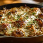 Close-up of a French Onion Chicken Orzo Bake in a skillet with golden melted Gruyère, caramelized onions, and tender chicken.