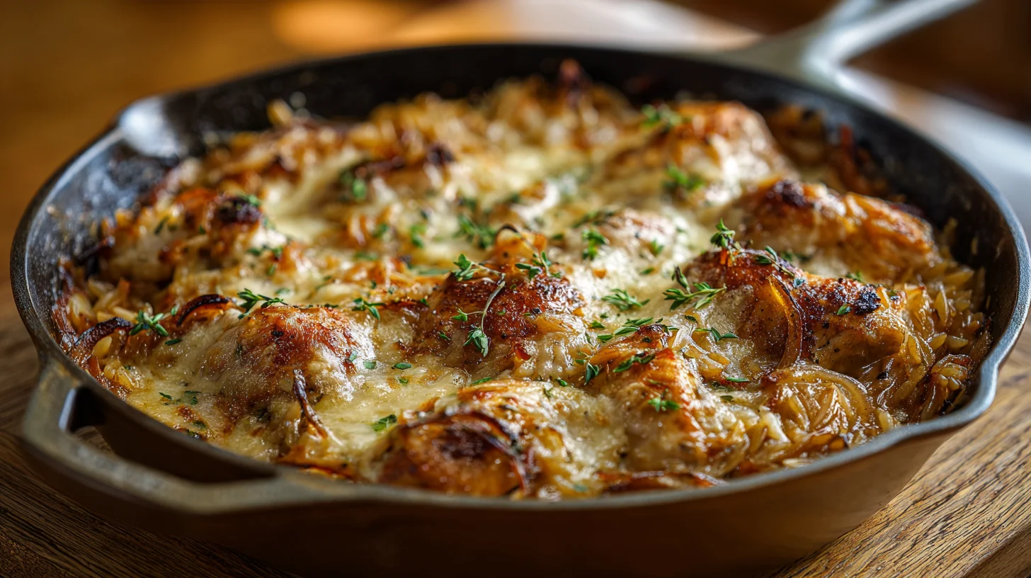 Close-up of a French Onion Chicken Orzo Bake in a skillet with golden melted Gruyère, caramelized onions, and tender chicken.