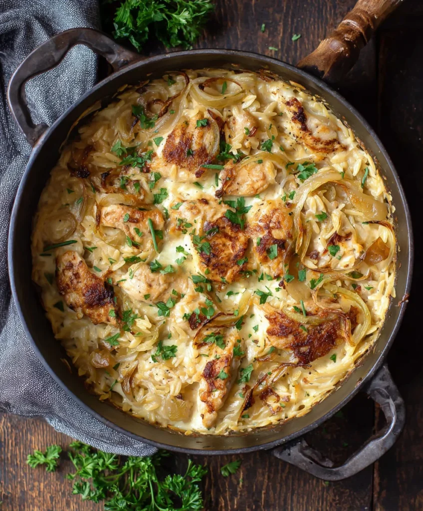 Overhead view of French Onion Chicken Orzo Bake topped with melted Gruyère, caramelized onions, and parsley in a rustic Dutch oven.