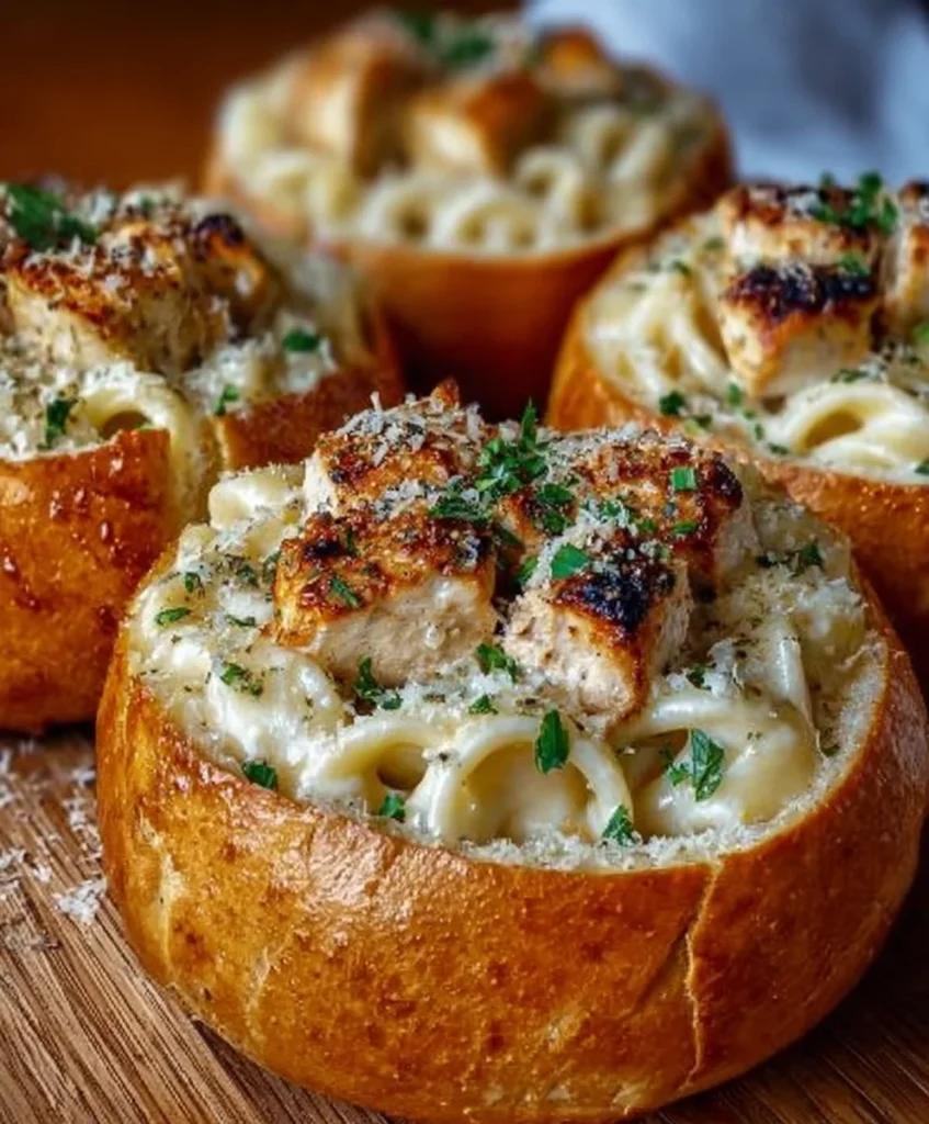 creamy spaghetti bread bowls with melted cheese