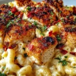 Bowl of Honey Pepper Chicken Cheesy Mac topped with golden peppered chicken pieces and herbs.
