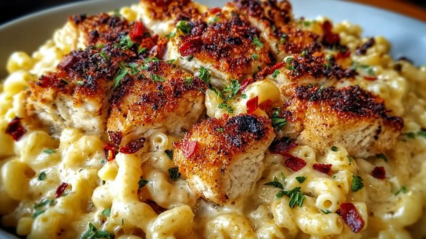 Bowl of Honey Pepper Chicken Cheesy Mac topped with golden peppered chicken pieces and herbs.