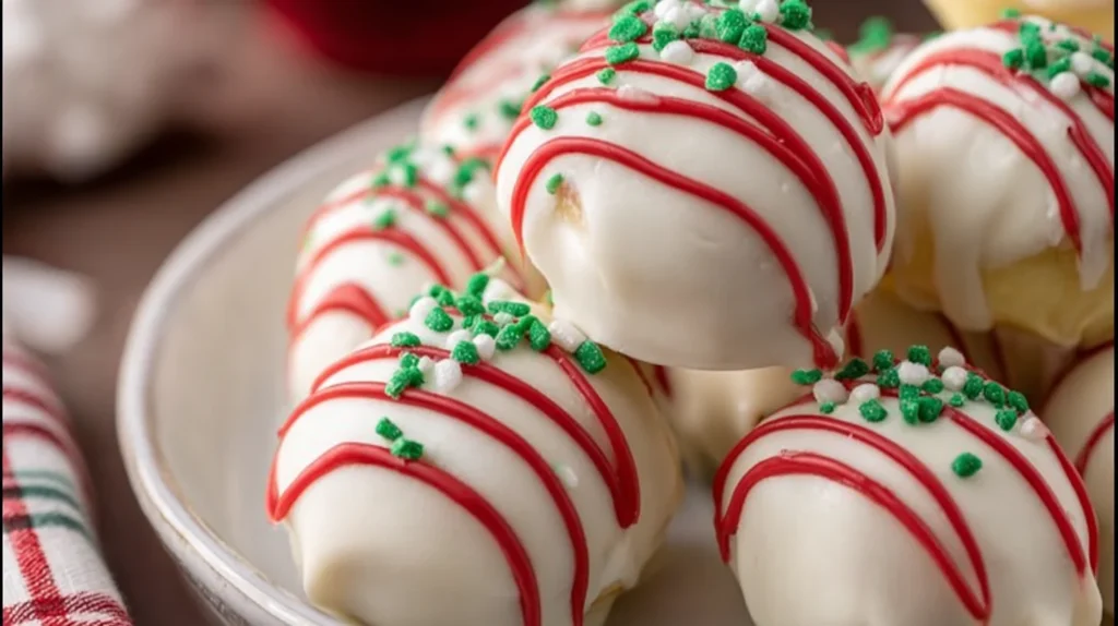 A plate of white chocolate truffle balls decorated with red icing drizzles and green sprinkles.
