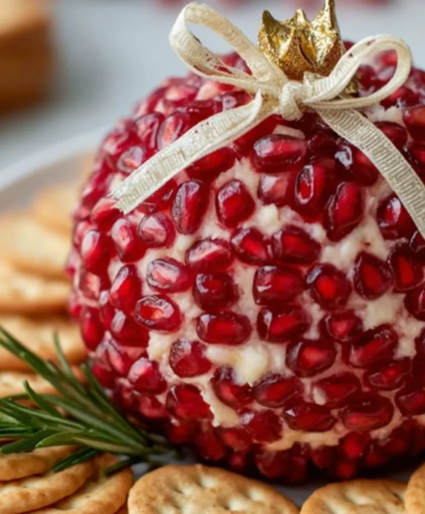 Holiday ornament-style cheese ball coated in pomegranate seeds, decorated with a ribbon and rosemary sprig, served on a plate with crackers.