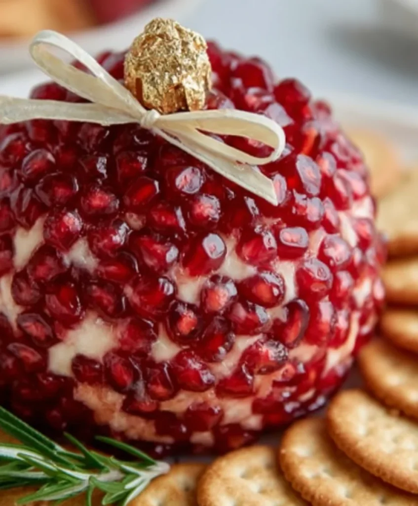 A round cheese ball covered in bright red pomegranate seeds, topped with a gold candy piece and ribbon, with crackers arranged around it.