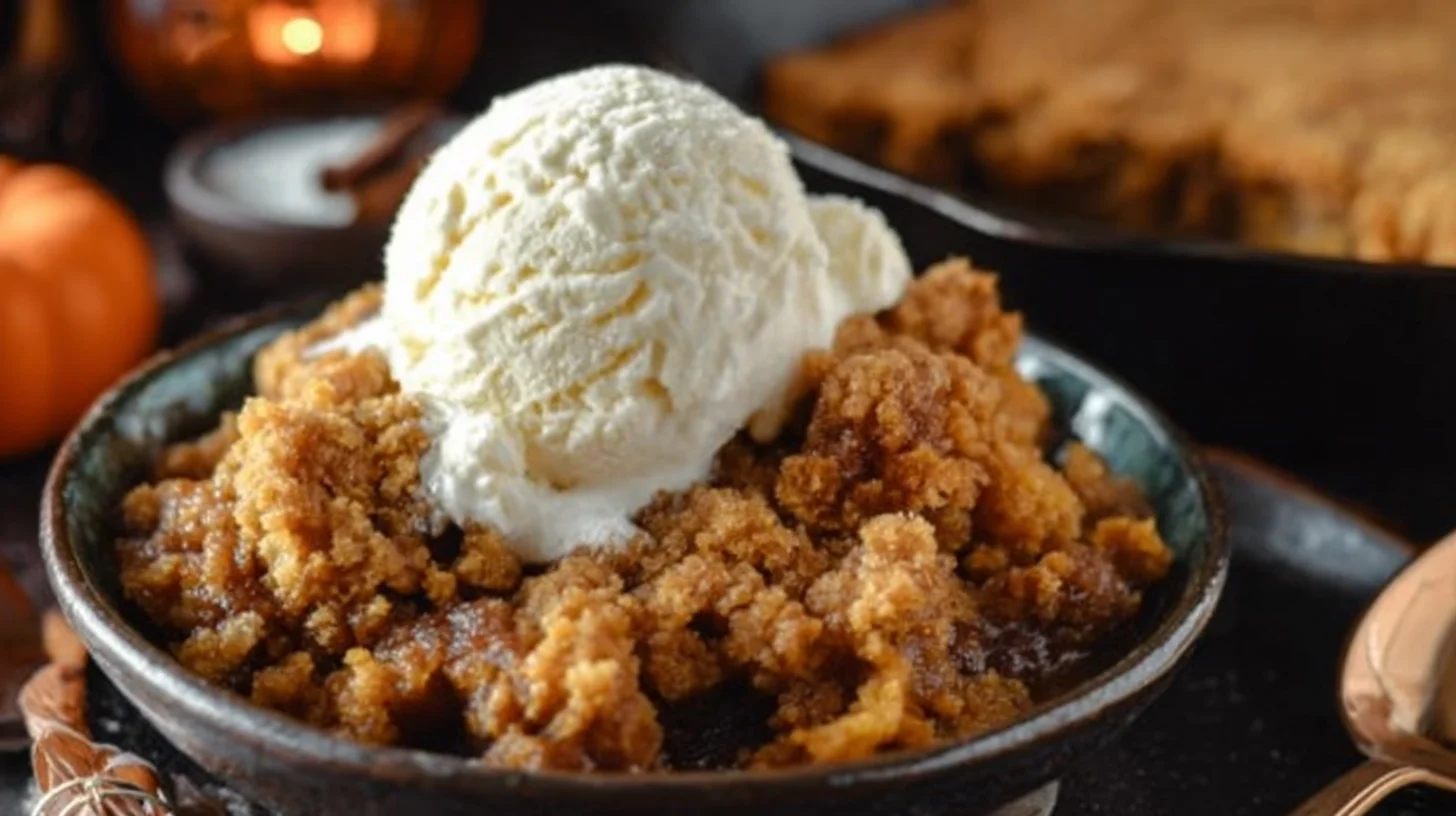Golden Pumpkin Crisp Pie Dessert with oat crumble on top, styled on a rustic autumn table.