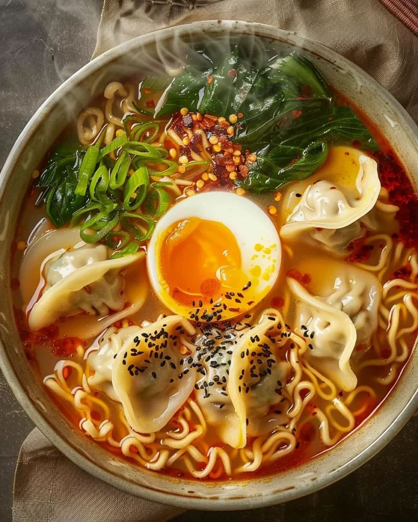 Overhead view of a ramen bowl filled with spicy broth, dumplings, ramen noodles, wilted greens, and a soft-boiled egg topped with chili flakes, served with chopsticks.